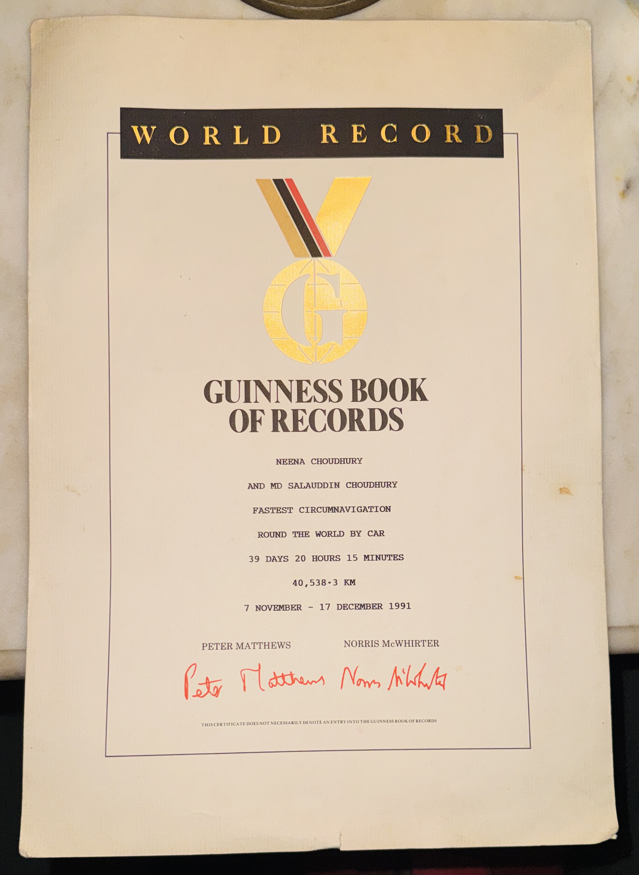 Neena Choudhury Guinness World Record Certificate — Fastest Circumnavigation of the Globe by Car, 1991