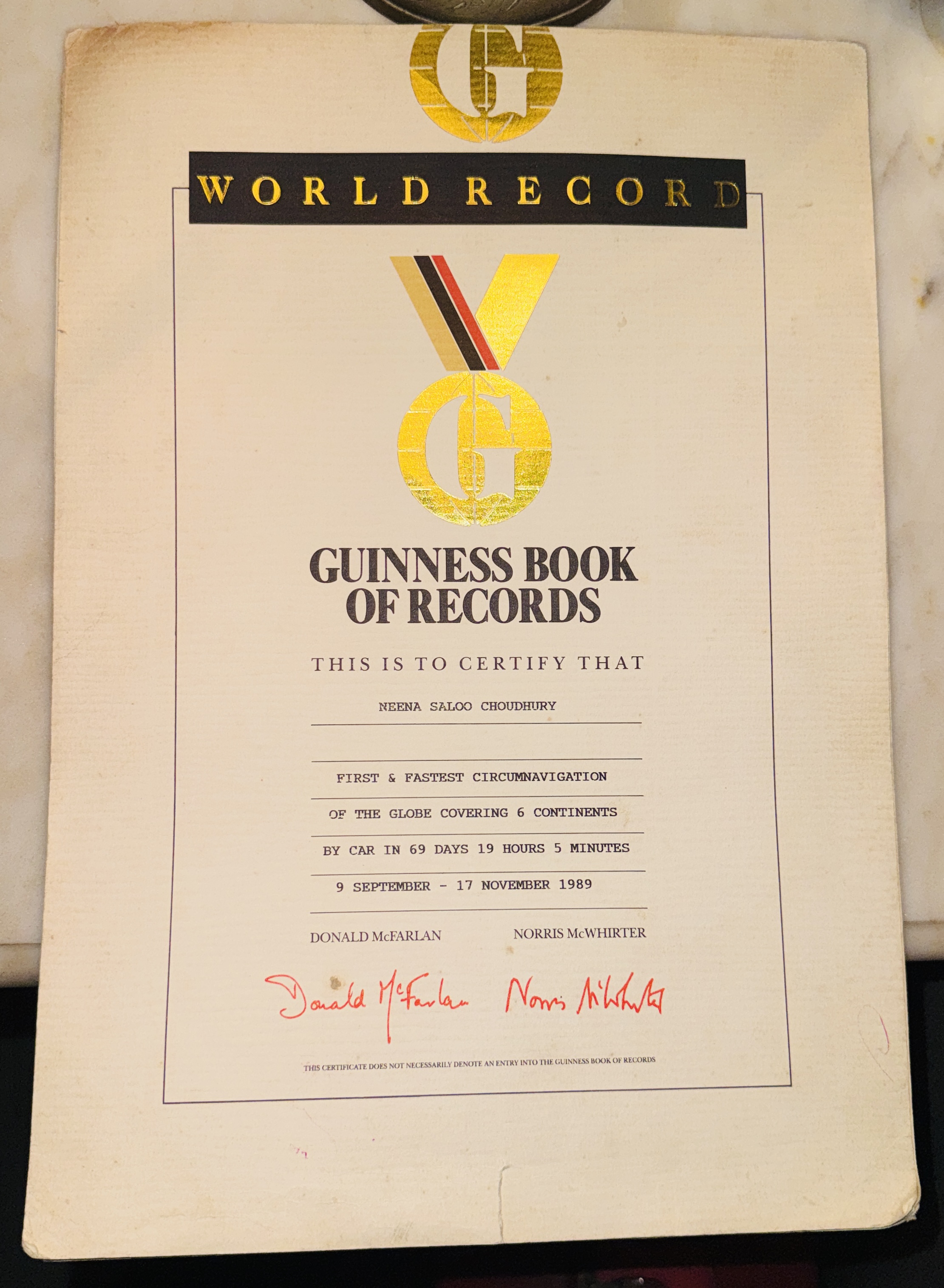 Neena Choudhury Guinness World Record Certificate — First & Fastest Circumnavigation of the Globe by Car, 1989