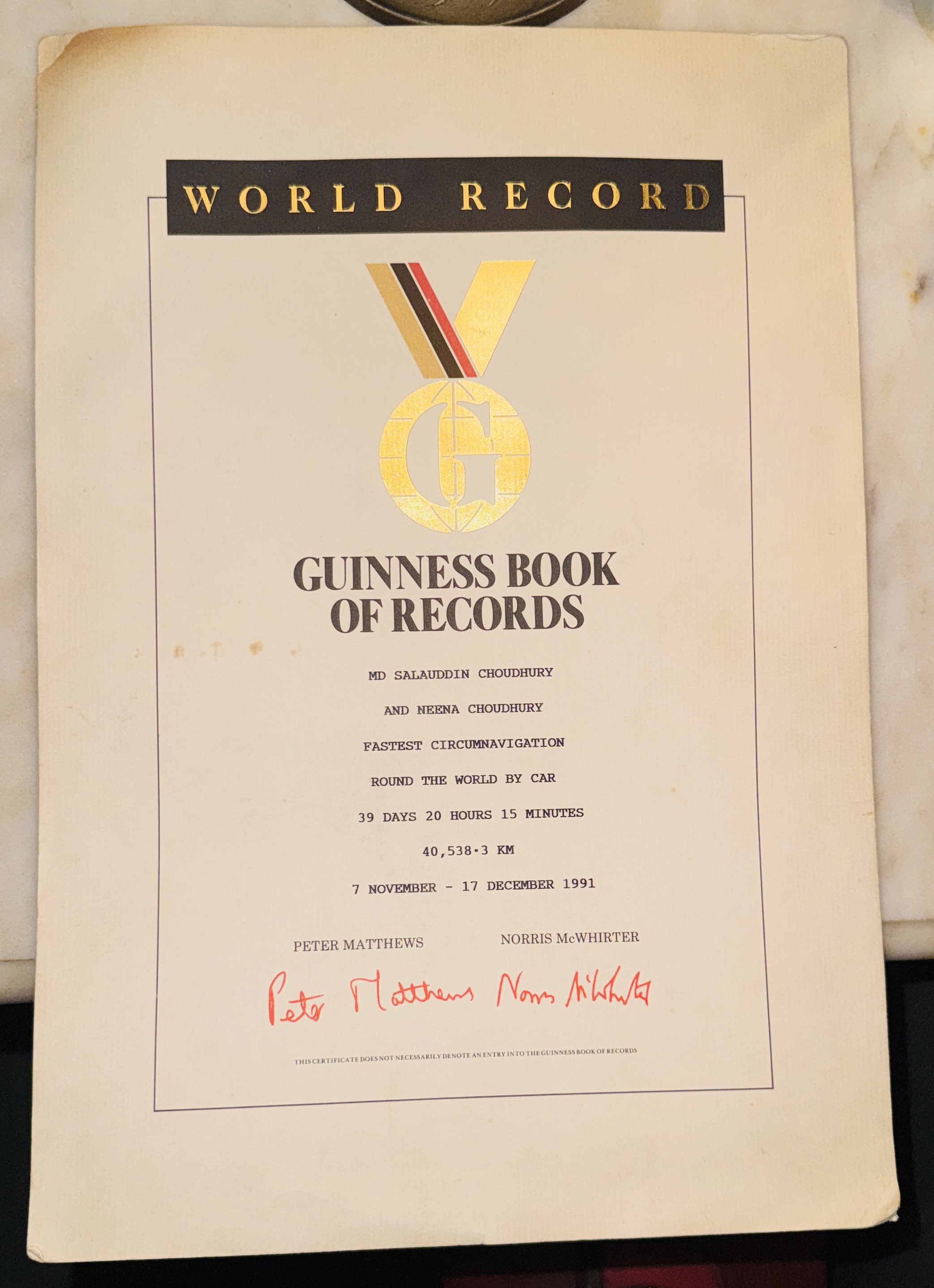 Saloo Choudhury Guinness World Record Certificate — Fastest Circumnavigation of the Globe by Car, 1991