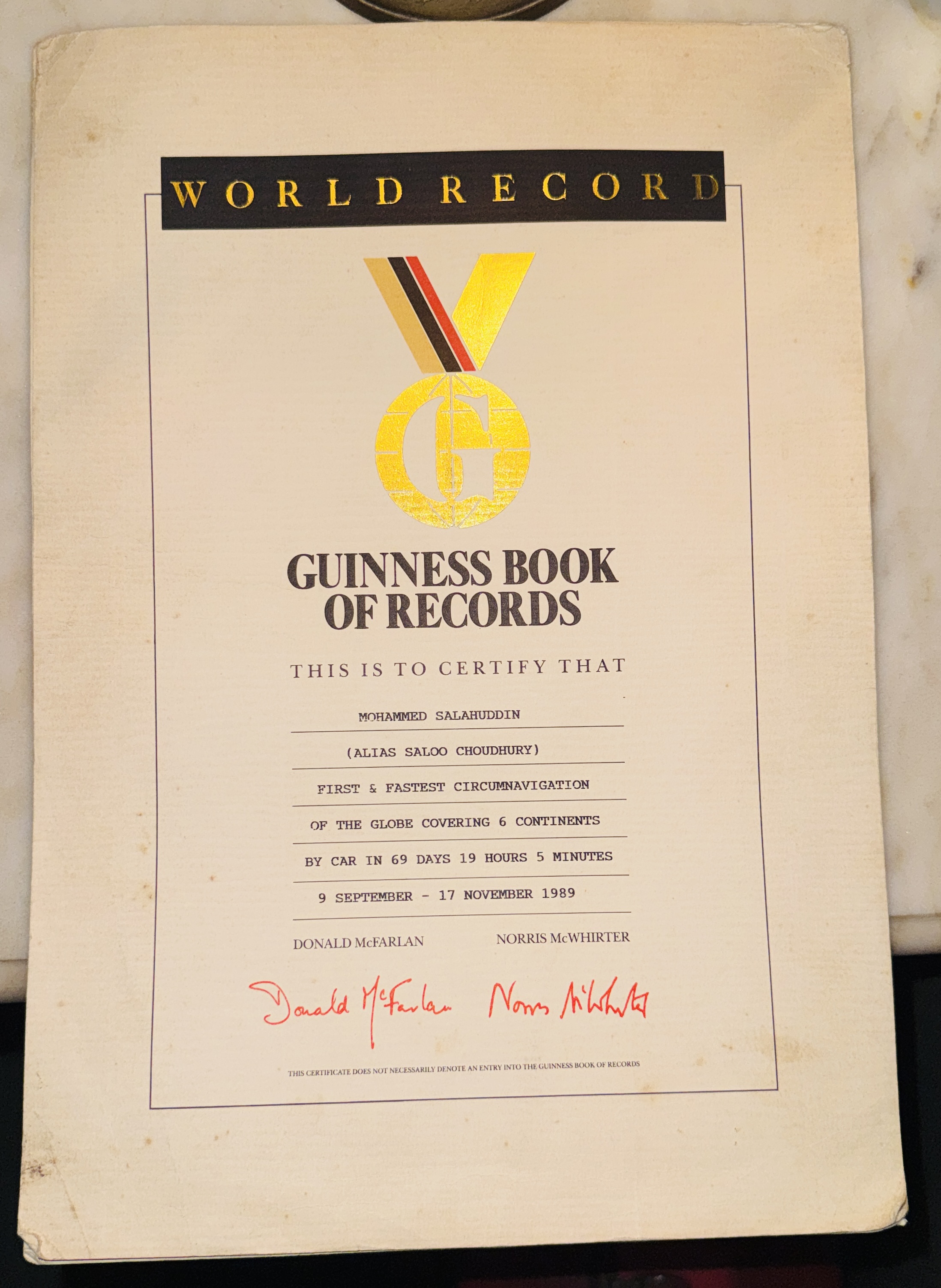 Saloo Choudhury Guinness World Record Certificate — First & Fastest Circumnavigation of the Globe by Car, 1989